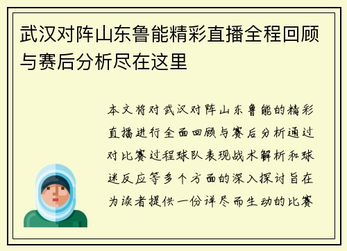 武汉对阵山东鲁能精彩直播全程回顾与赛后分析尽在这里